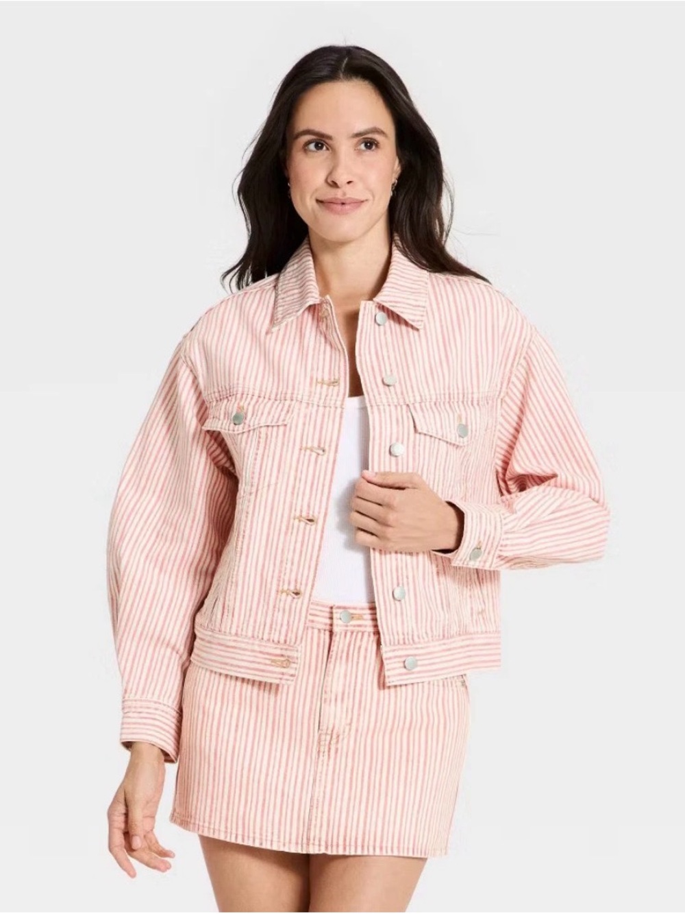 Women’s Pink/White Striped Denim Jacket (Large) & Mini Skirt (Size 10) Set NWT
